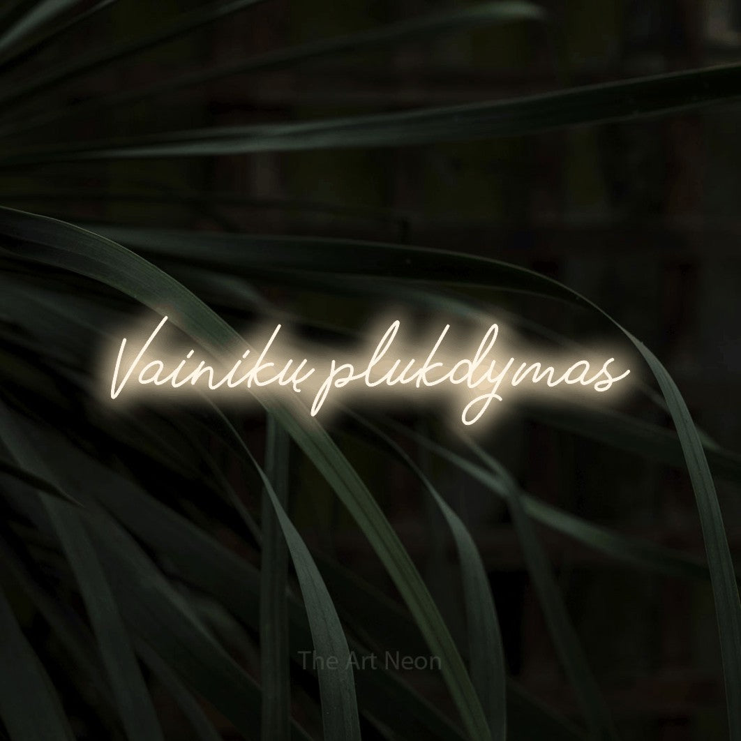 LED neon sign reading “Vainikų plukdymas”, arranged in a single line.