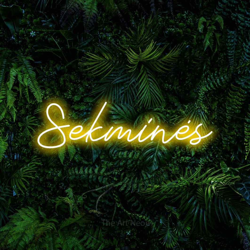 LED neon sign reading “Sekminės”, arranged in a single line.