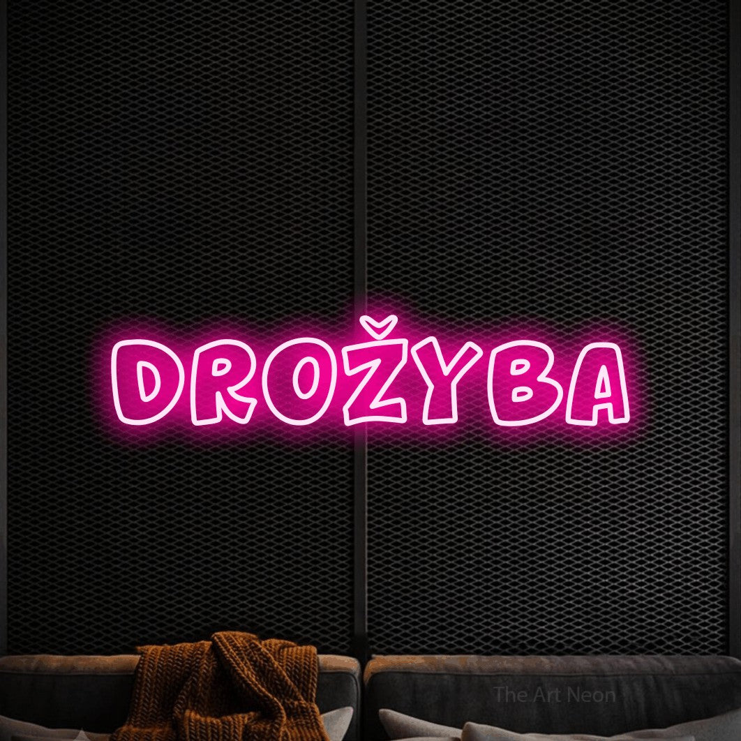LED neon sign reading “drožyba”, arranged in a single line.