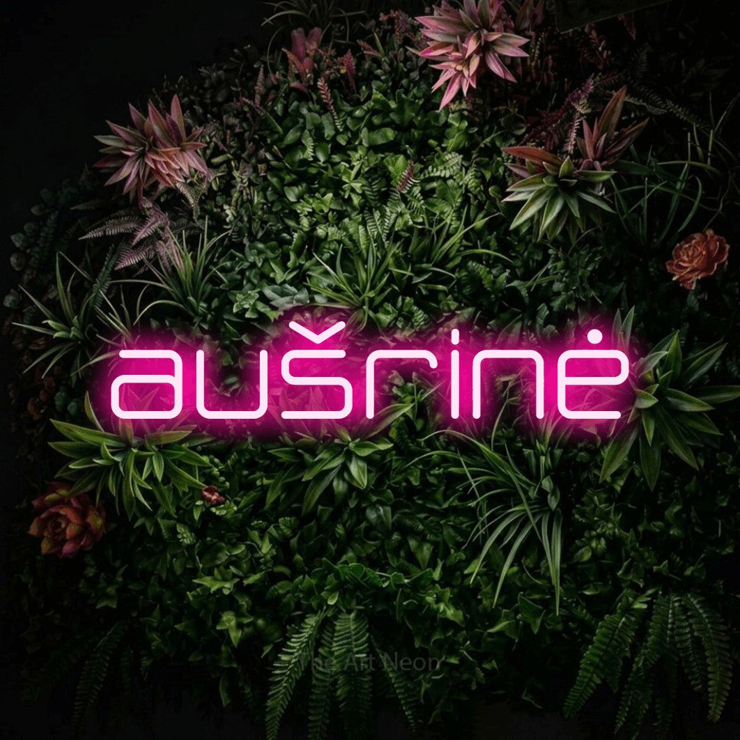 LED neon sign reading “aušrinė”, arranged in a single line.