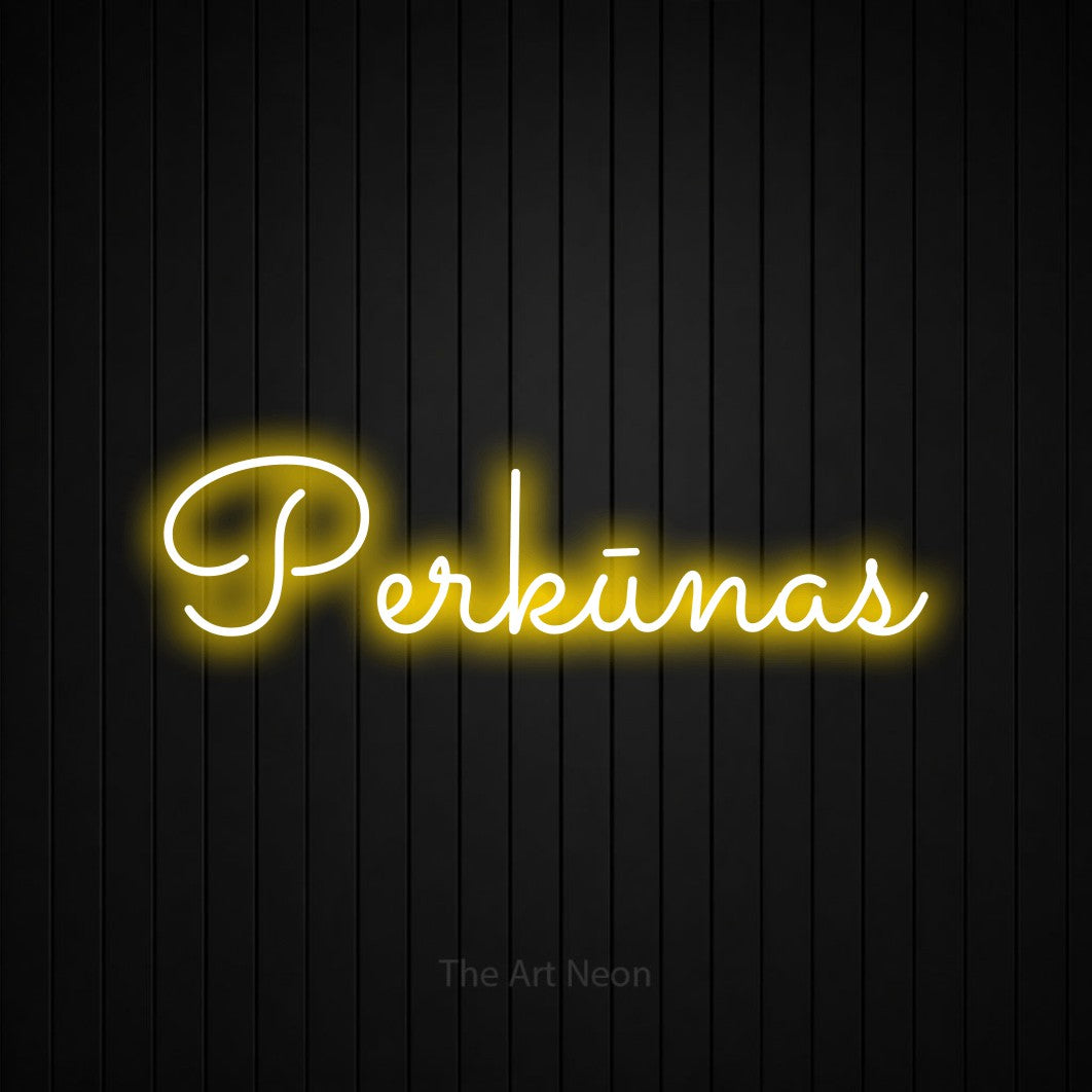 LED neon sign reading “Perkūnas”, arranged in a single line.