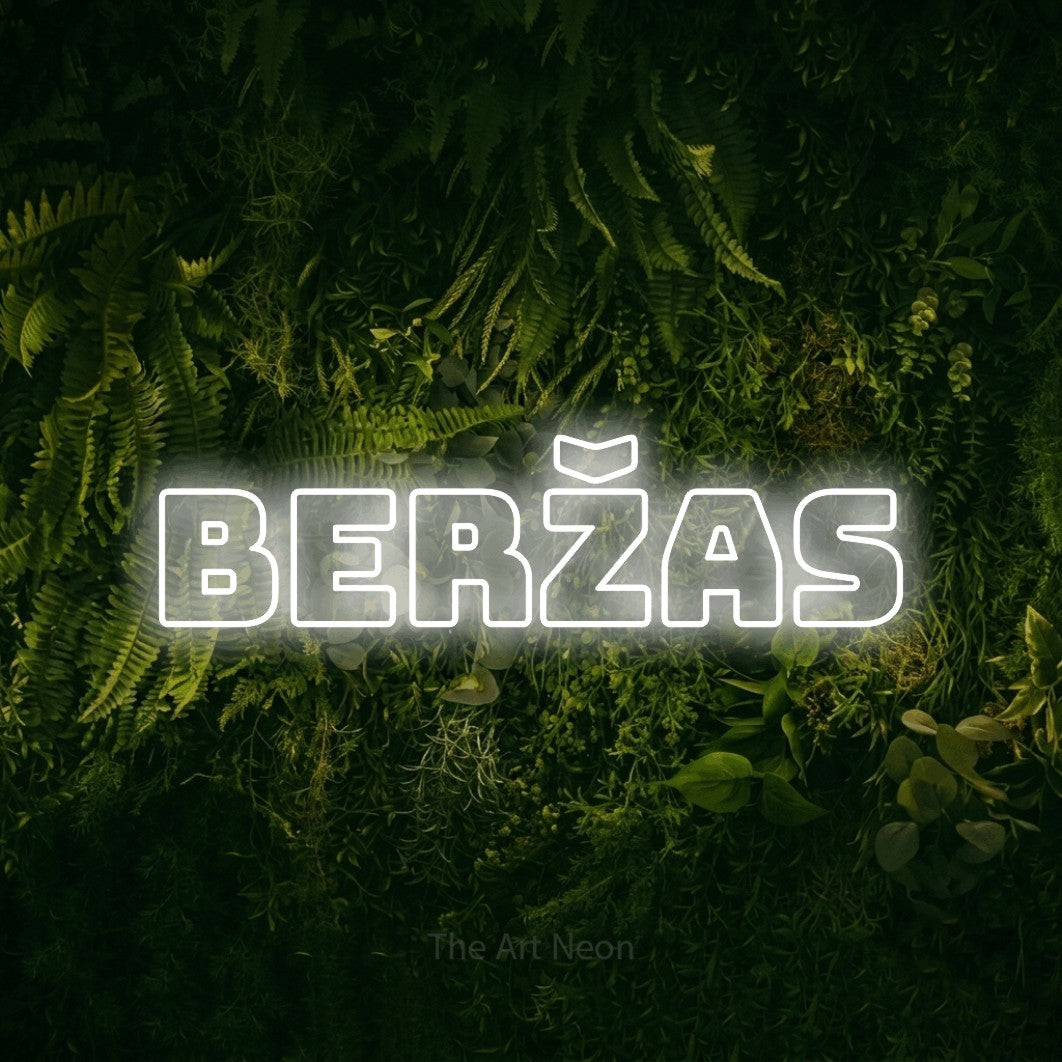 LED neon sign reading “Beržas”, arranged in a single line.