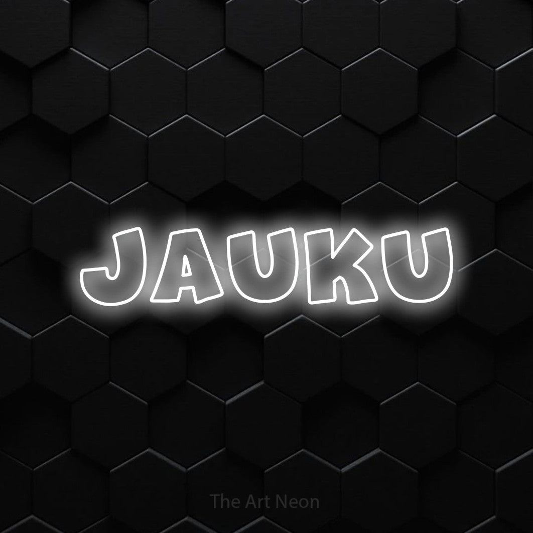 LED neon sign reading “Jauku”, arranged in a single line.