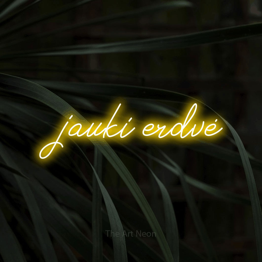 LED neon sign reading “jauki erdvė”, arranged in a single line.