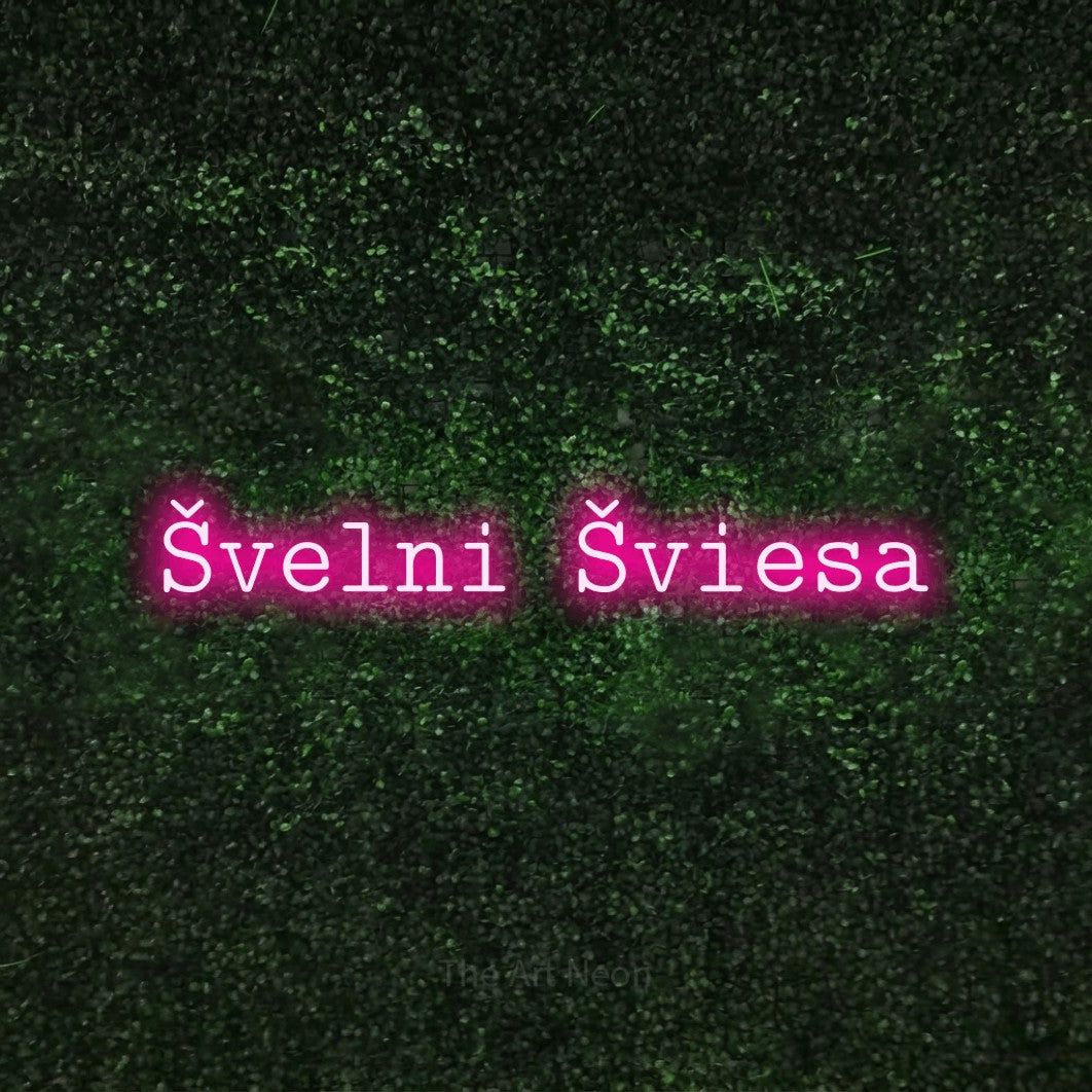 LED neon sign reading “Švelni Šviesa”, arranged in a single line.