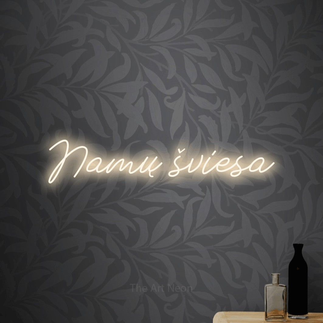 LED neon sign reading “Namų šviesa”, arranged in a single line.