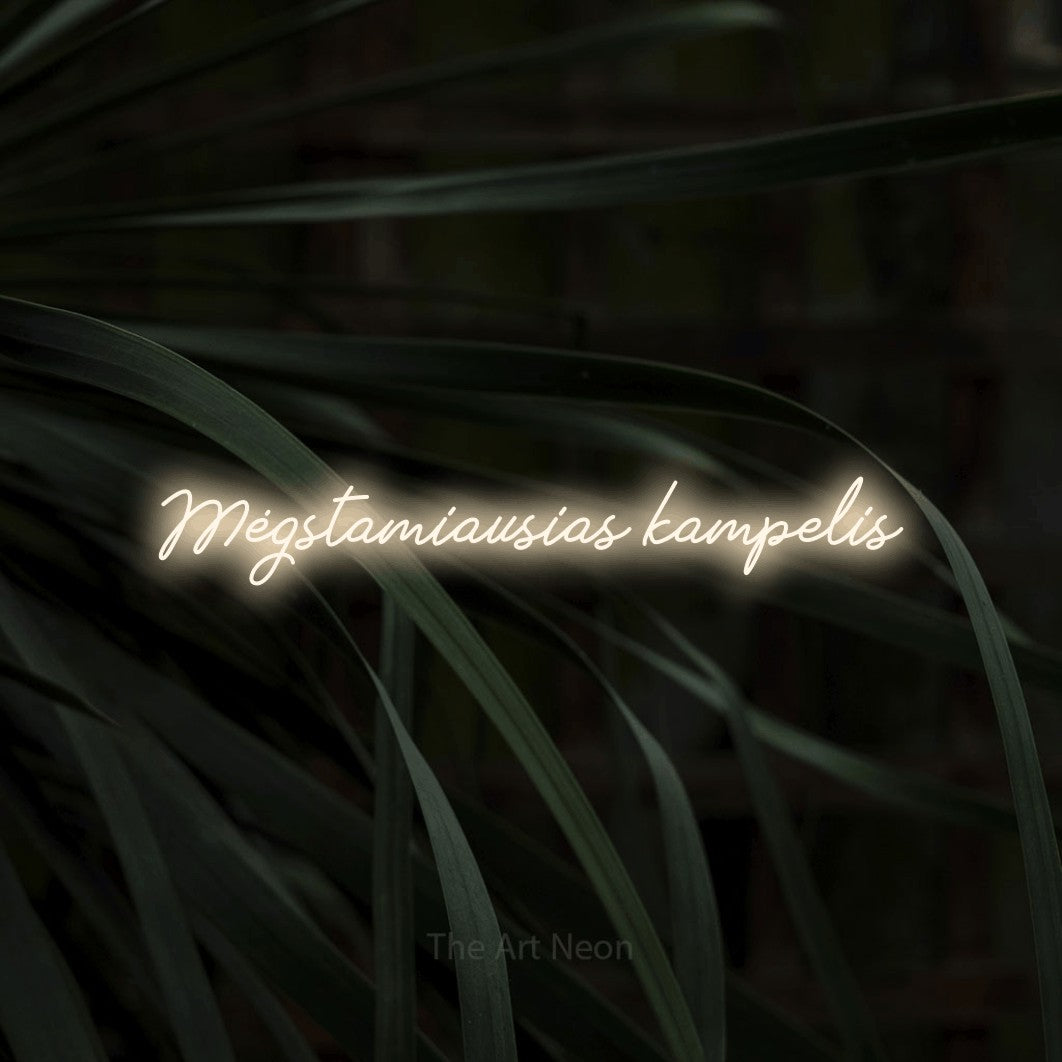 LED neon sign reading “Mėgstamiausias kampelis”, arranged in a single line.