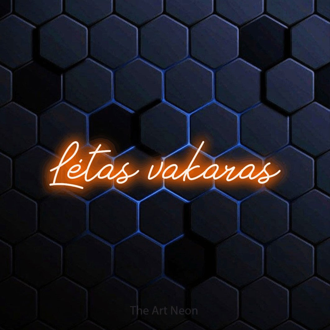 LED neon sign reading “Lėtas vakaras”, arranged in a single line.