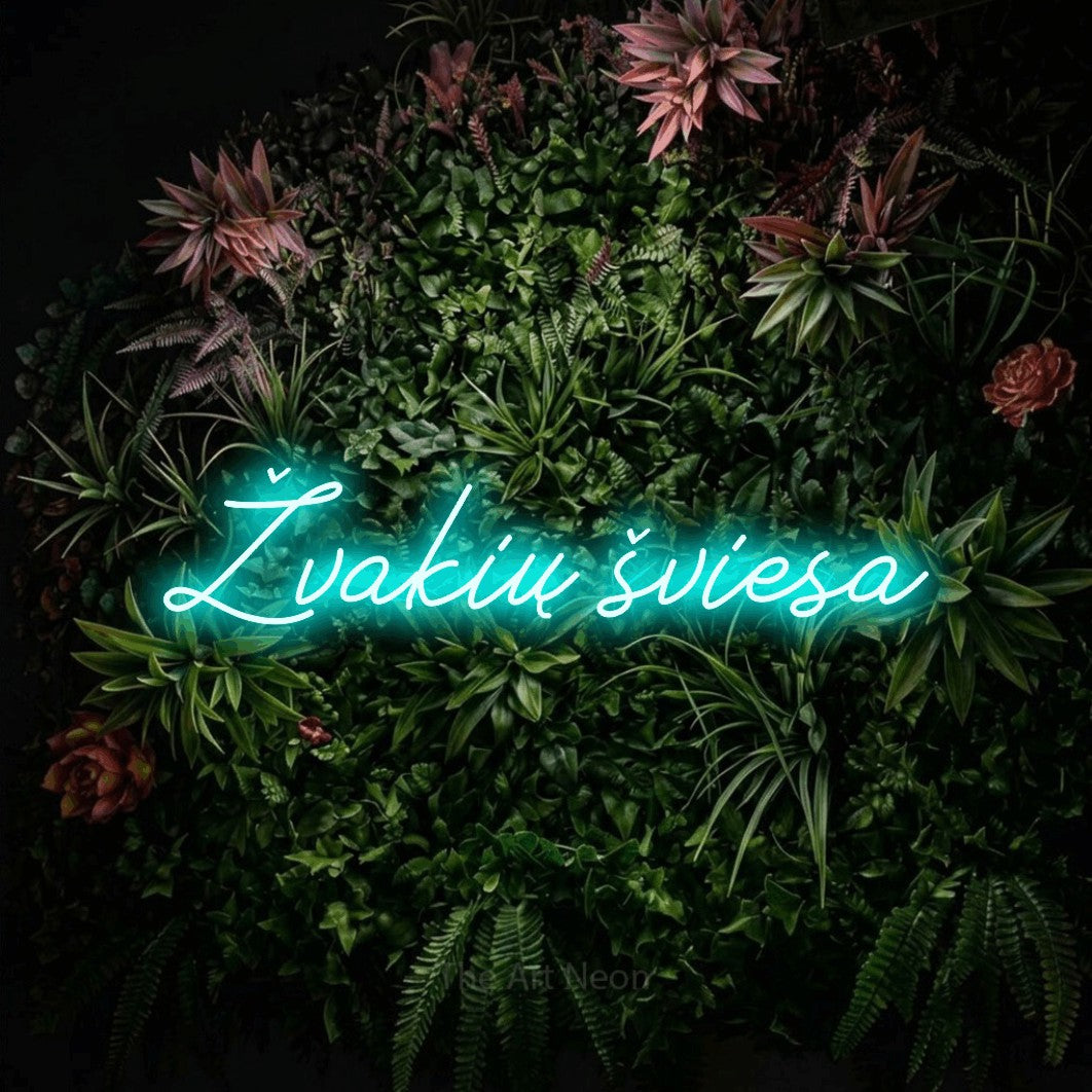 LED neon sign reading “Žvakių šviesa”, arranged in a single line.