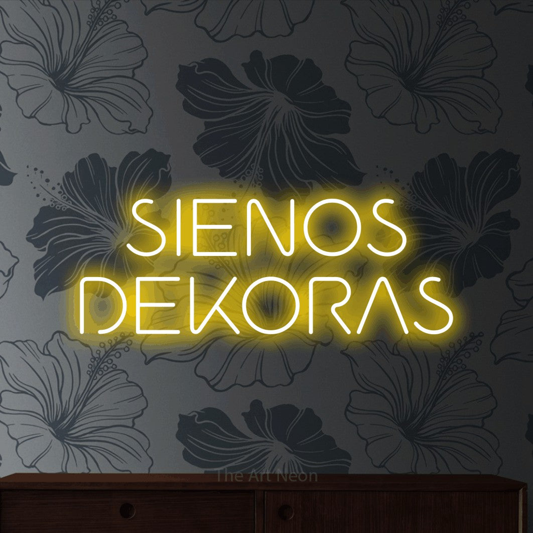 LED neon sign reading “SIENOS DEKORAS”, arranged in two lines.