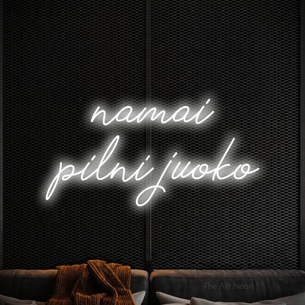 LED neon sign reading “namai pilni juoko”, arranged in two lines.