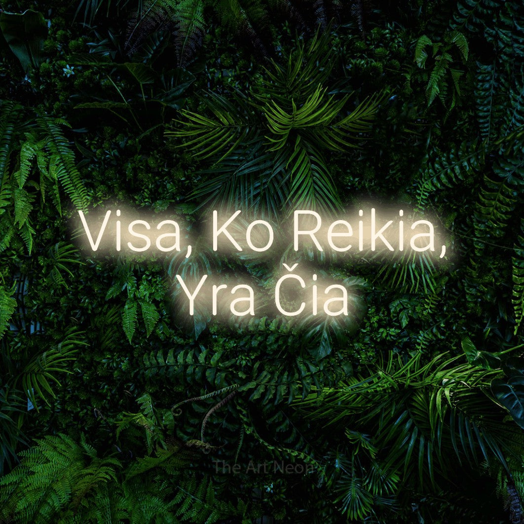 LED neon sign reading “Visa, Ko Reikia, Yra Čia”, arranged in two lines.