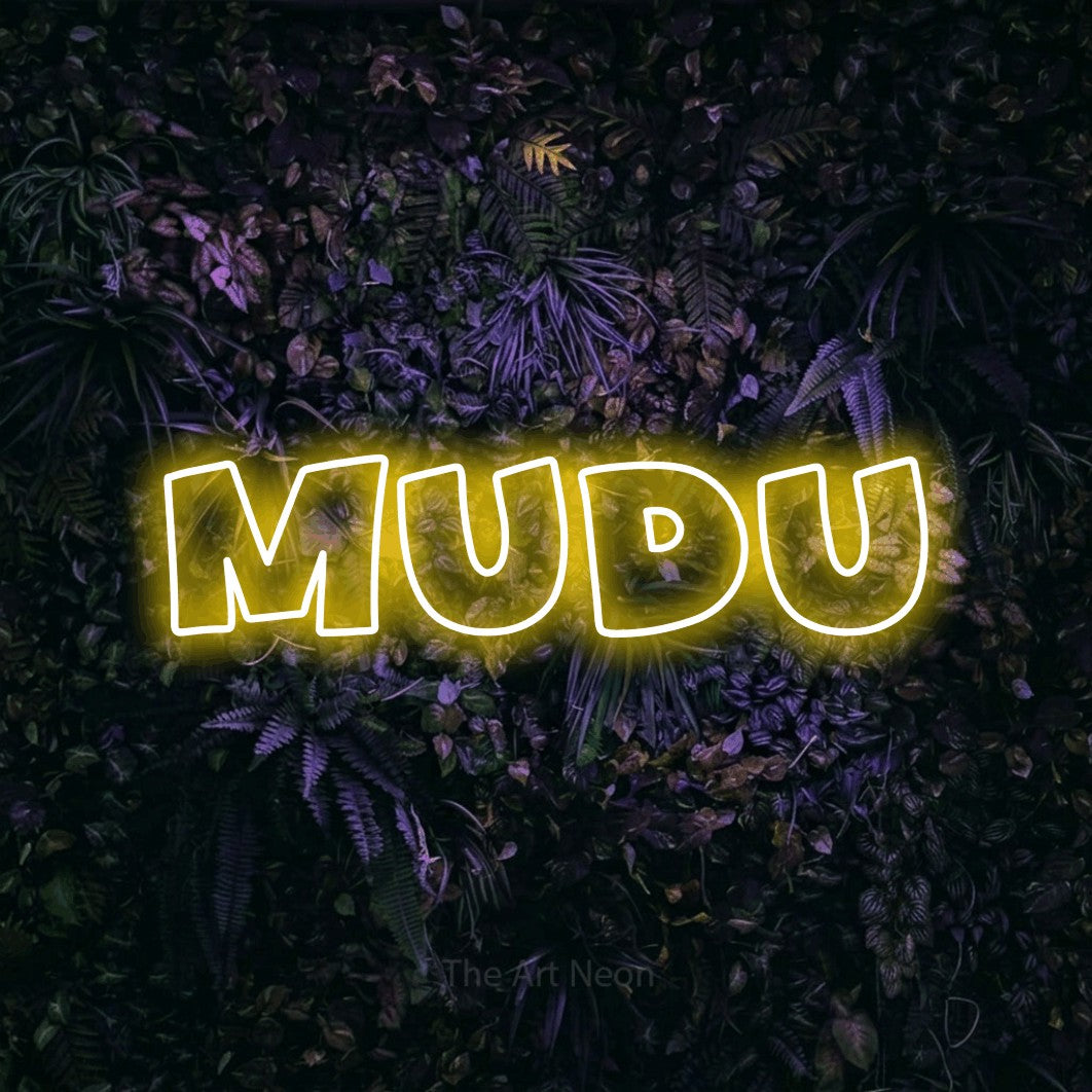 LED neon sign reading “mudu”, arranged in a single line.