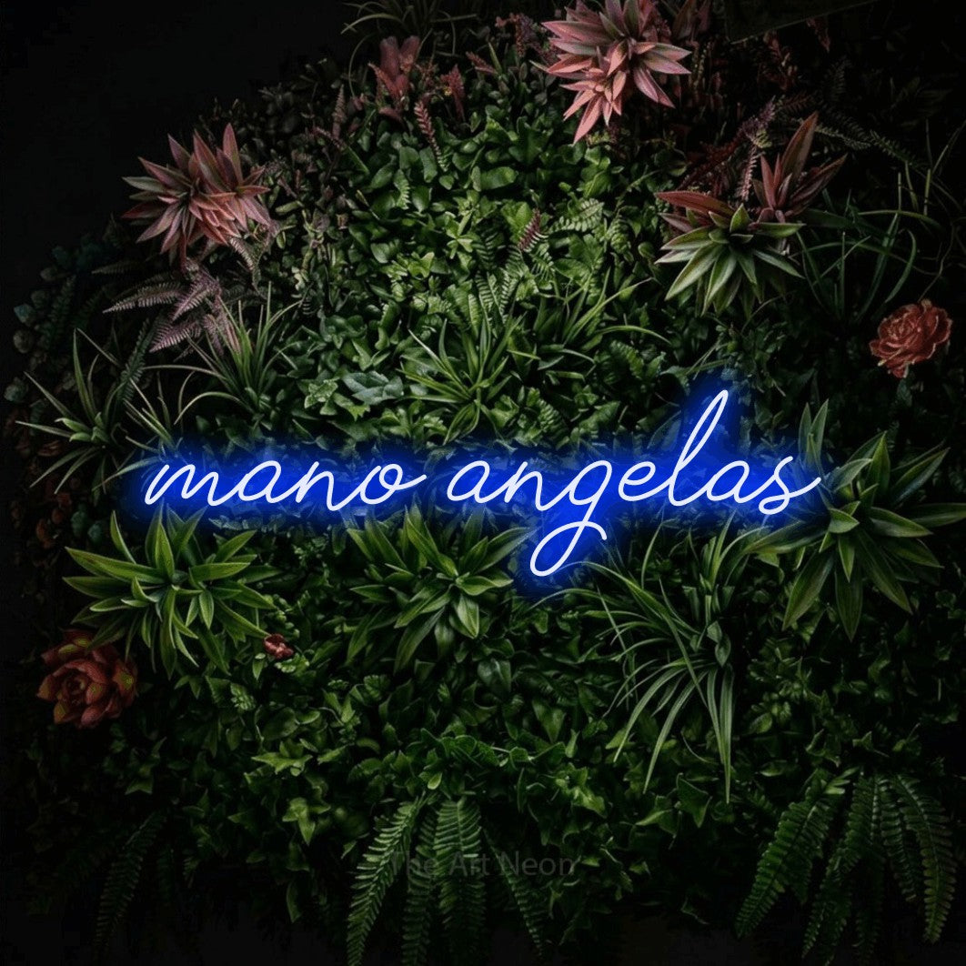 LED neon sign reading “mano angelas”, arranged in a single line.