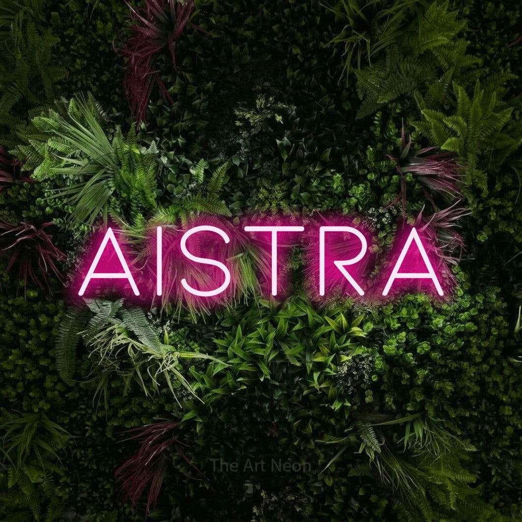 LED neon sign reading “Aistra”, arranged in a single line.