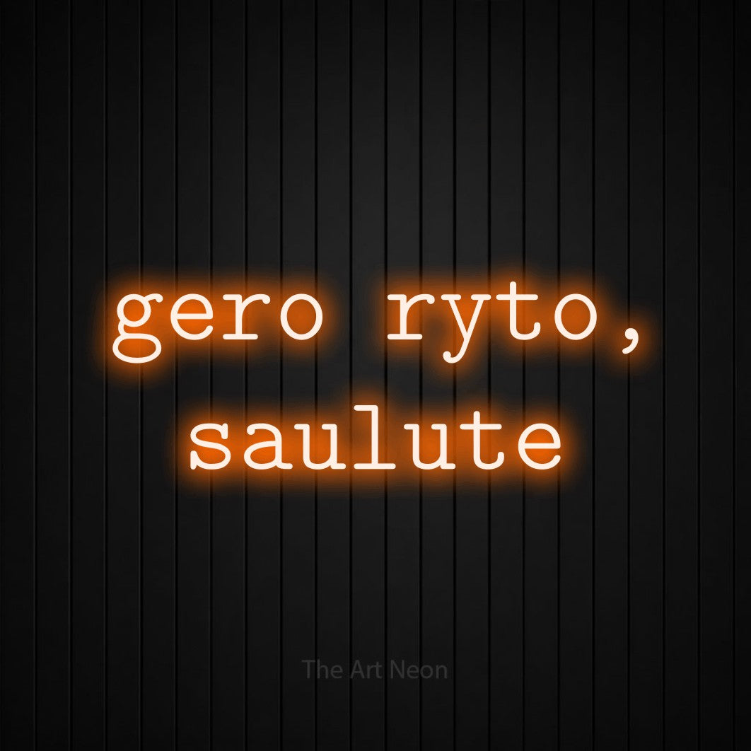 LED neon sign reading “gero ryto, saulute”, arranged in two lines.