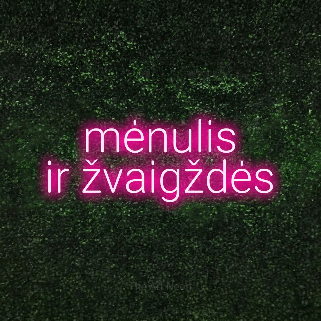 LED neon sign reading “mėnulis ir žvaigždės”, arranged in two lines.