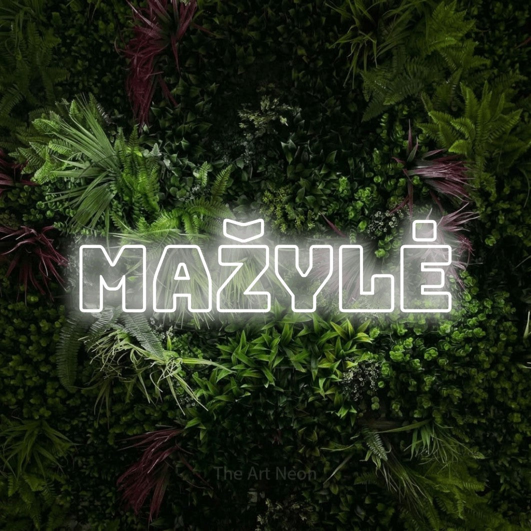 LED neon sign reading “Mažylė”, arranged in a single line.