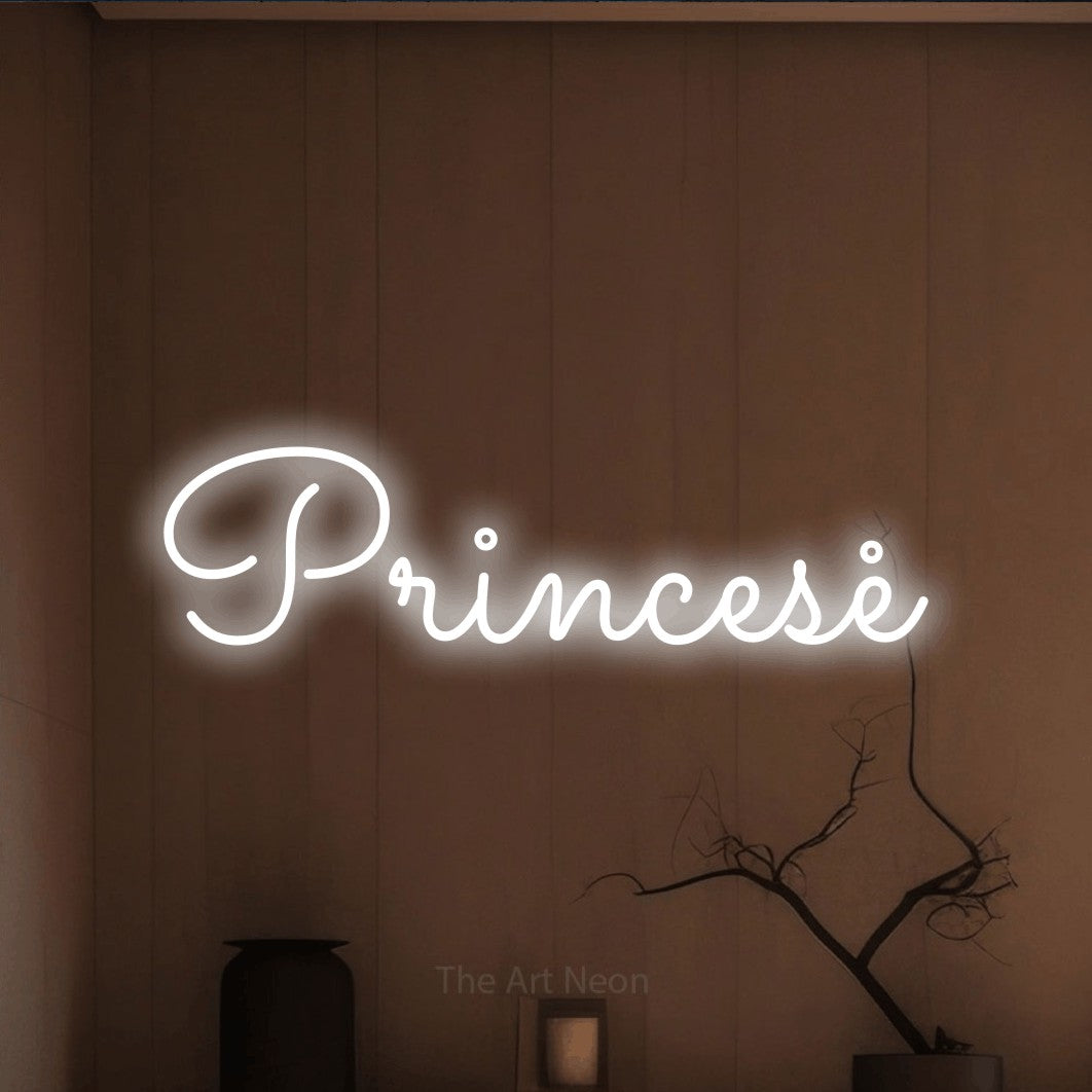 LED neon sign reading “Princesė”, arranged in a single line.