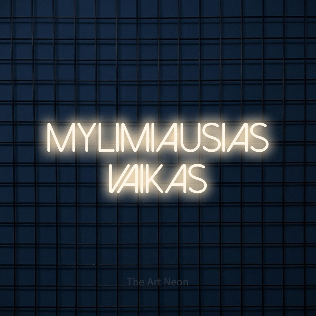 LED neon sign reading “mylimiausias vaikas”, arranged in two lines.