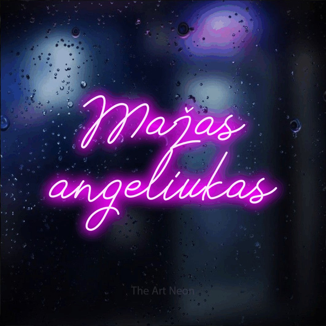 LED neon sign reading “Mažas angeliukas”, arranged in two lines.