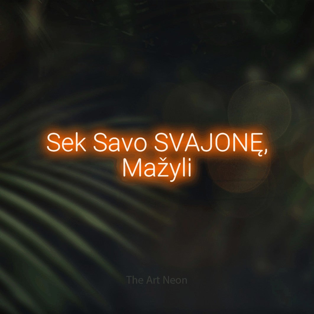 LED neon sign reading “Sek Savo SVAJONĘ, Mažyli”, arranged in two lines.