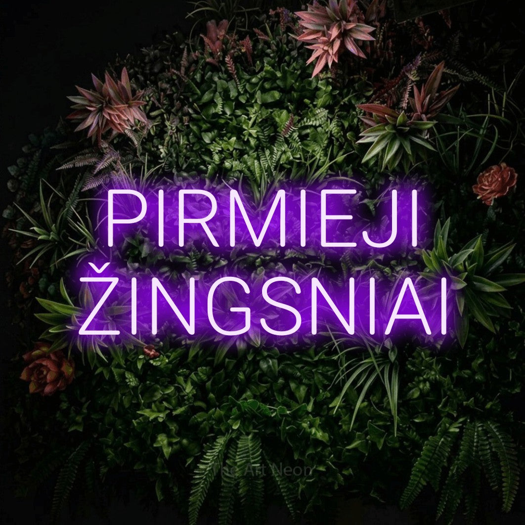LED neon sign reading “PIRMIEJI ŽINGSNIAI”, arranged in two lines.
