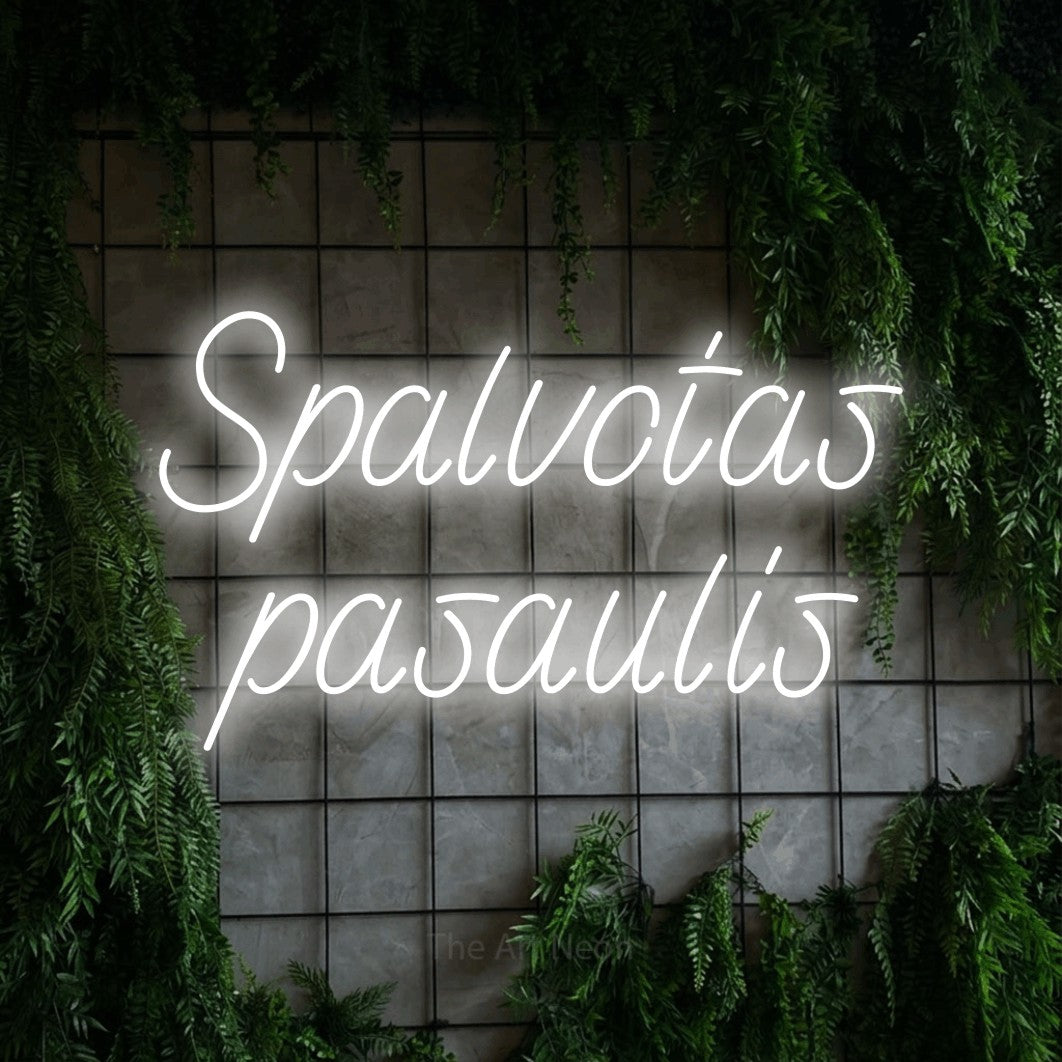 LED neon sign reading “Spalvotas pasaulis”, arranged in two lines.