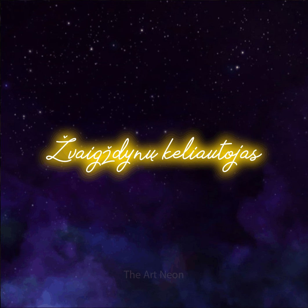 LED neon sign reading “Žvaigždynų keliautojas”, arranged in a single line.