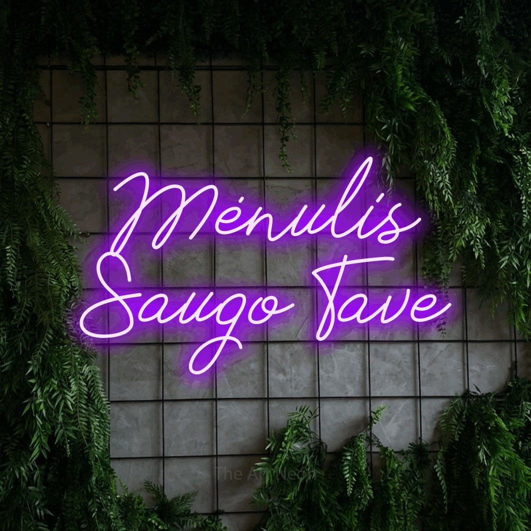 LED neon sign reading “Mėnulis Saugo Tave”, arranged in two lines.