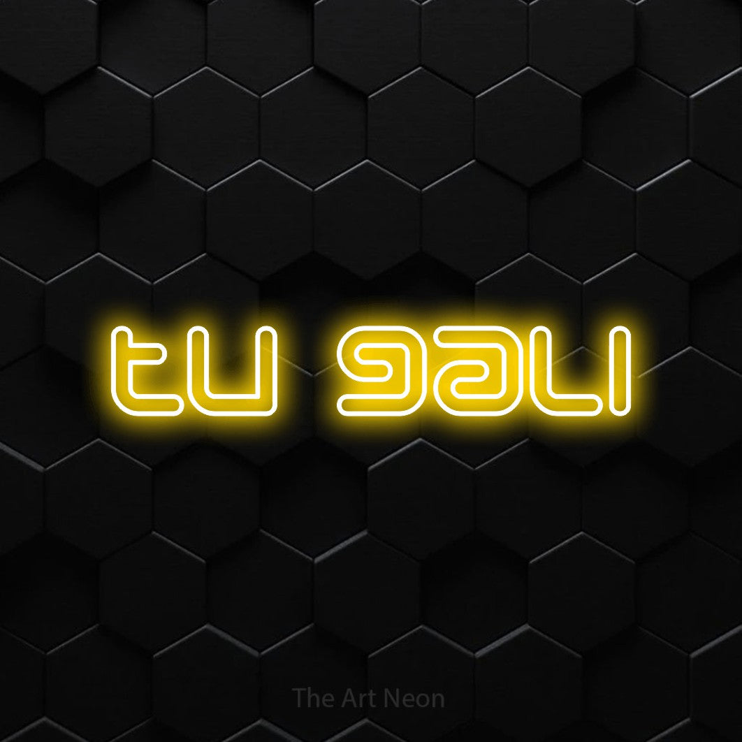 LED neon sign reading “tu gali”, arranged in a single line.