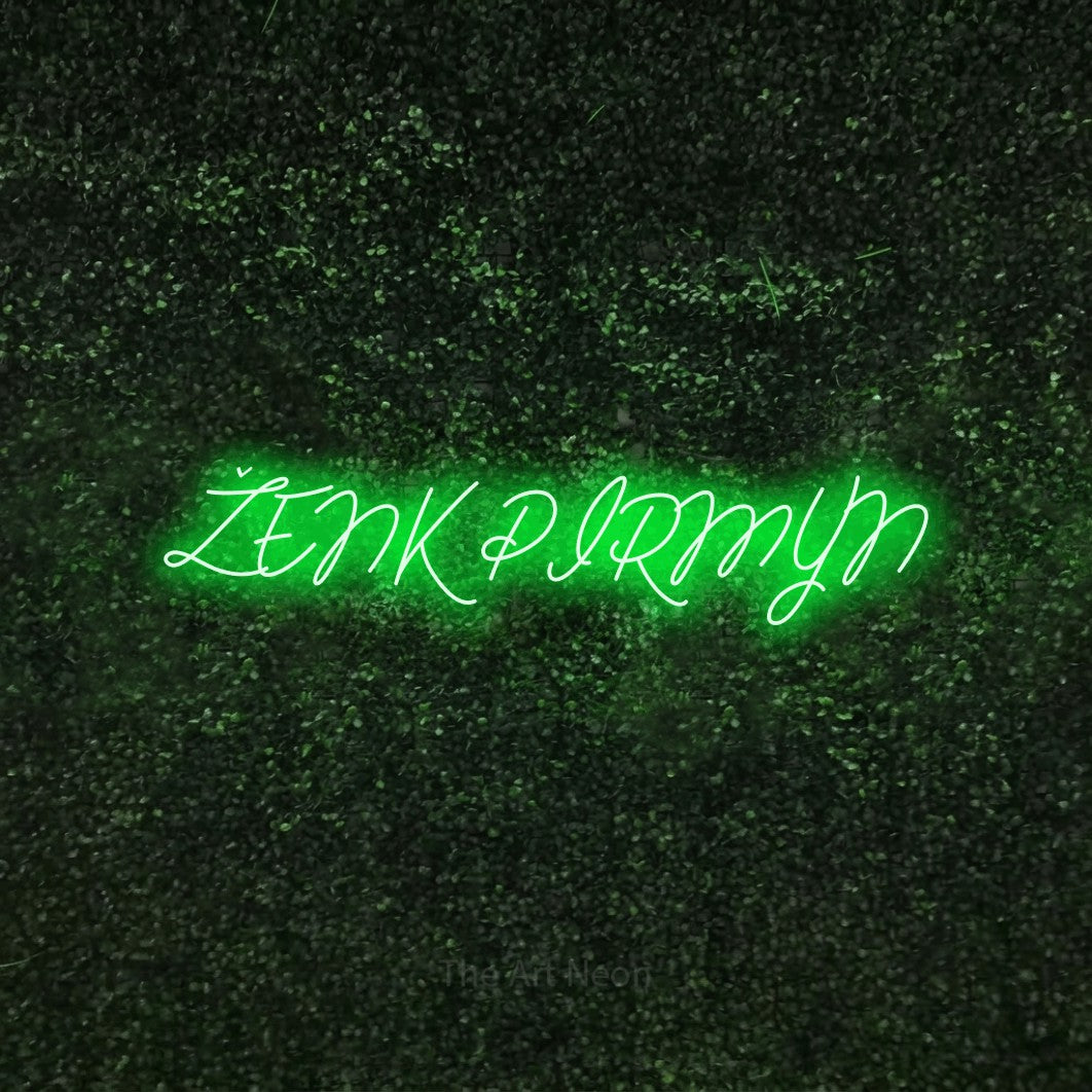 LED neon sign reading “ŽENK PIRMYN”, arranged in a single line.