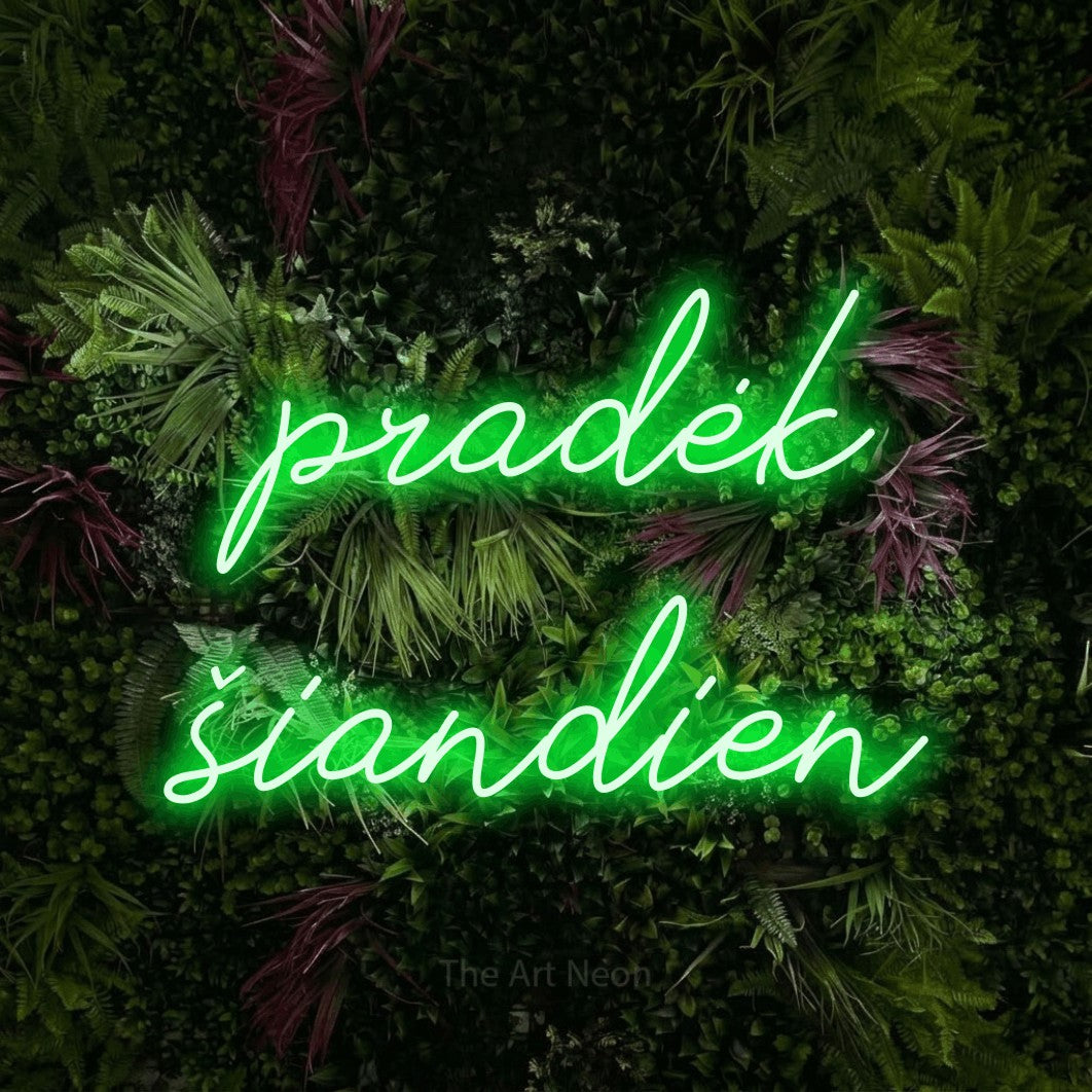 LED neon sign reading “pradėk šiandien”, arranged in two lines.