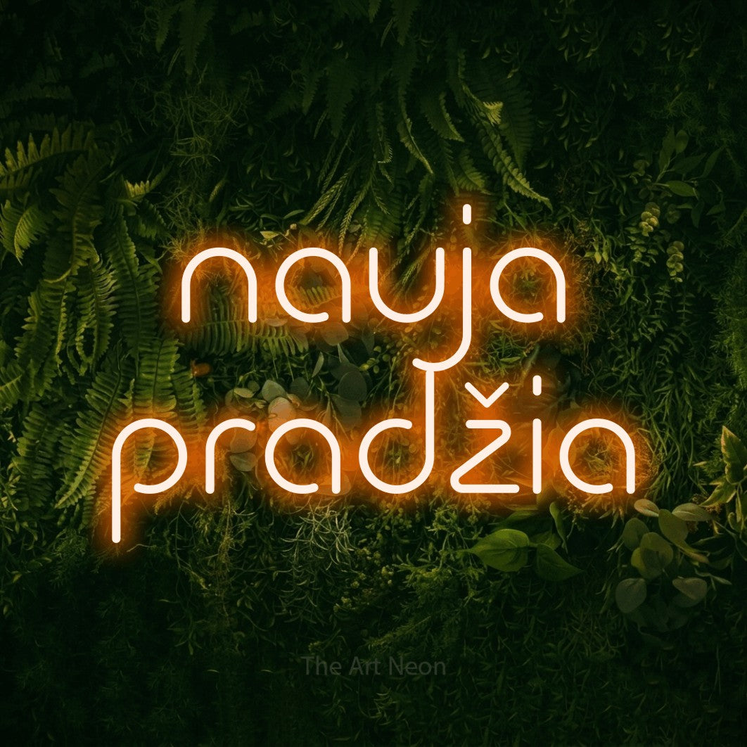 LED neon sign reading “nauja pradžia”, arranged in two lines.