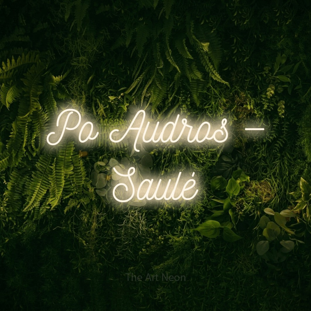 LED neon sign reading “Po Audros — Saulė”, arranged in two lines.