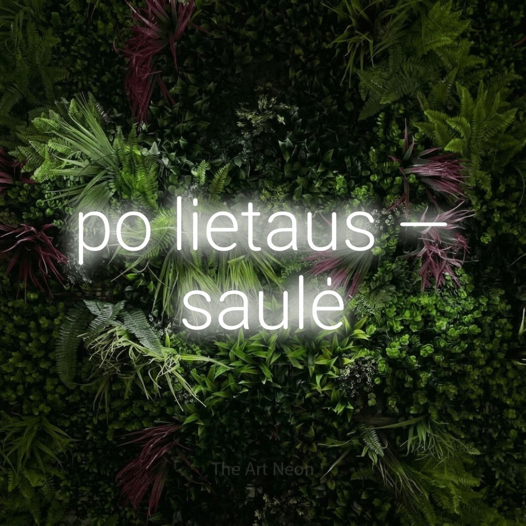LED neon sign reading “po lietaus — saulė”, arranged in two lines.