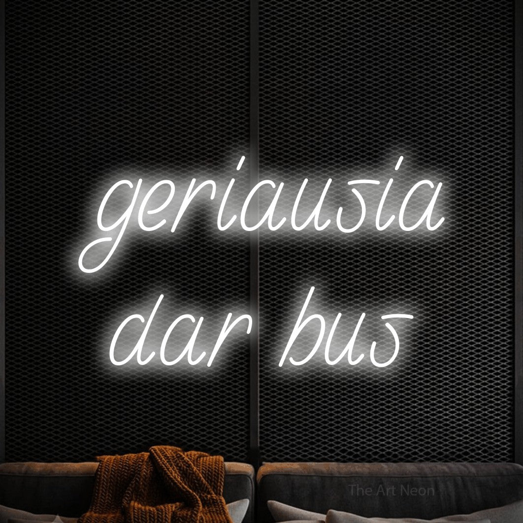 LED neon sign reading “geriausia dar bus”, arranged in two lines.