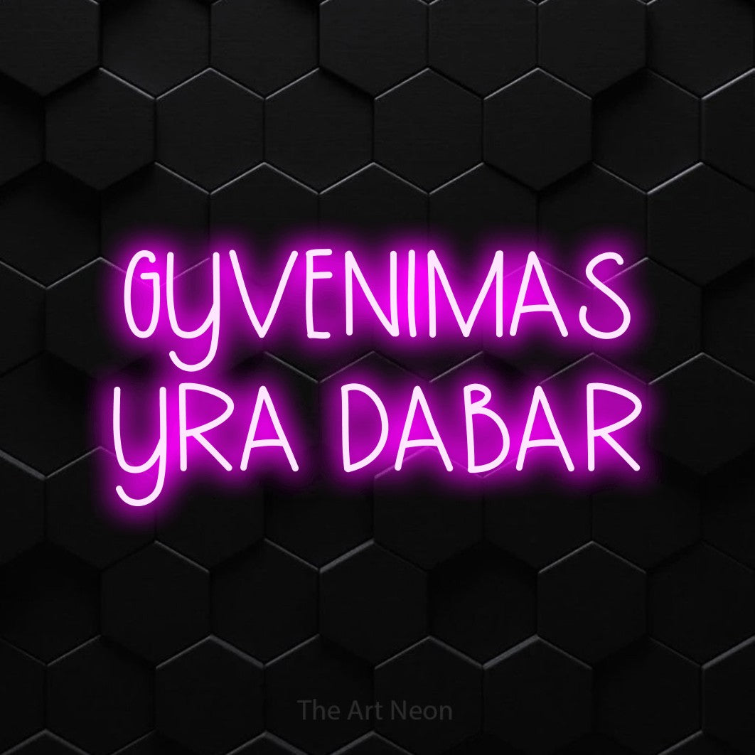 LED neon sign reading “GYVENIMAS YRA DABAR”, arranged in two lines.