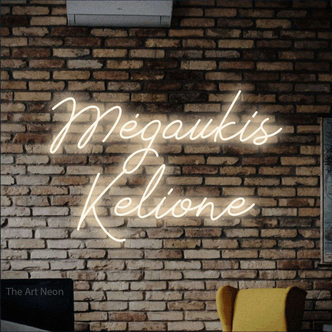 LED neon sign reading “Mėgaukis Kelione”, arranged in two lines.