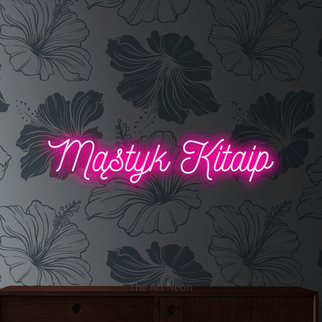 LED neon sign reading “Mąstyk Kitaip”, arranged in a single line.