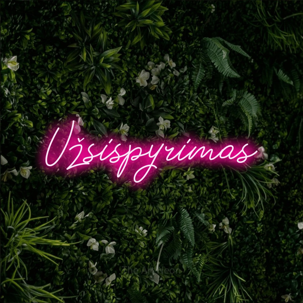 LED neon sign reading “Užsispyrimas”, arranged in a single line.