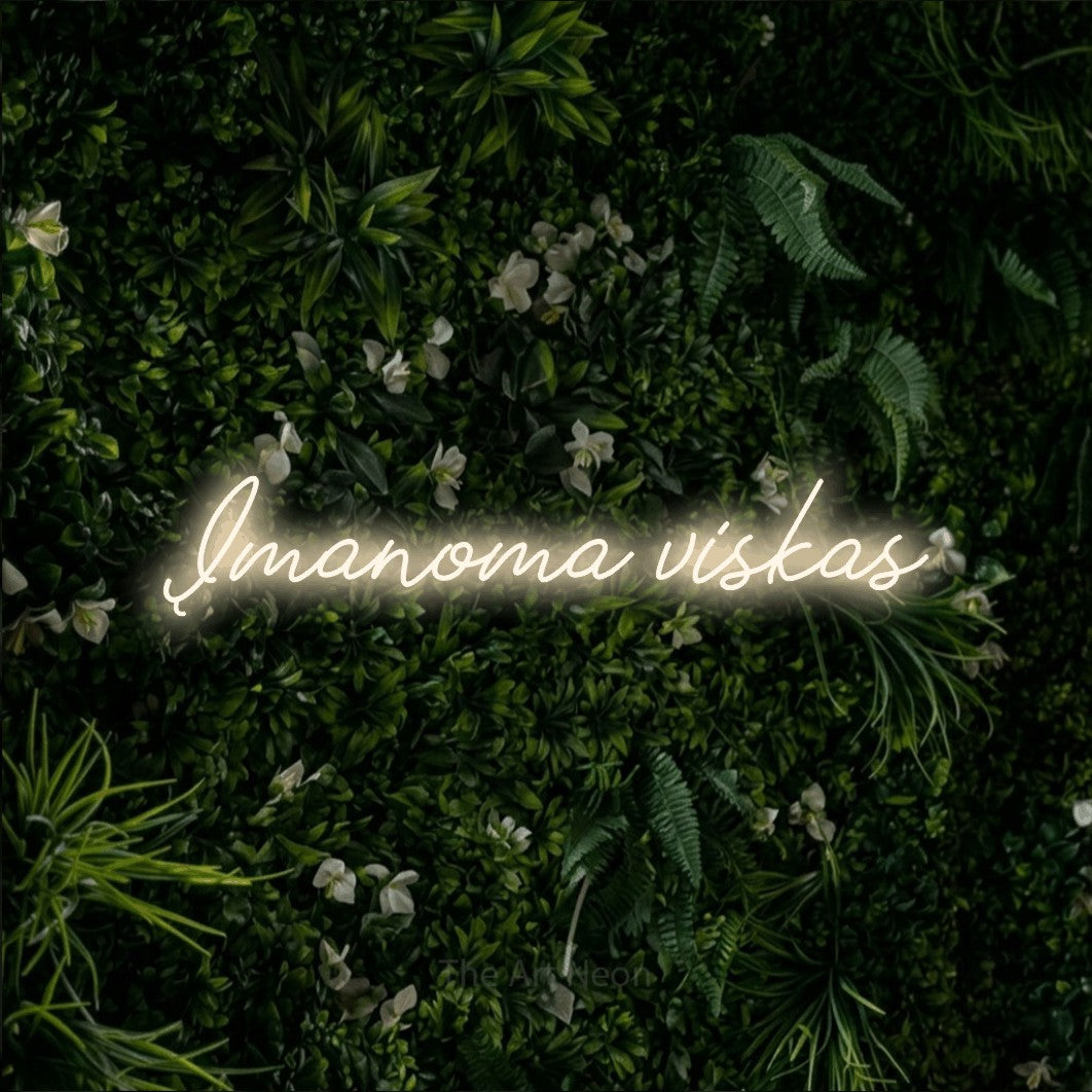 LED neon sign reading “Įmanoma viskas”, arranged in a single line.