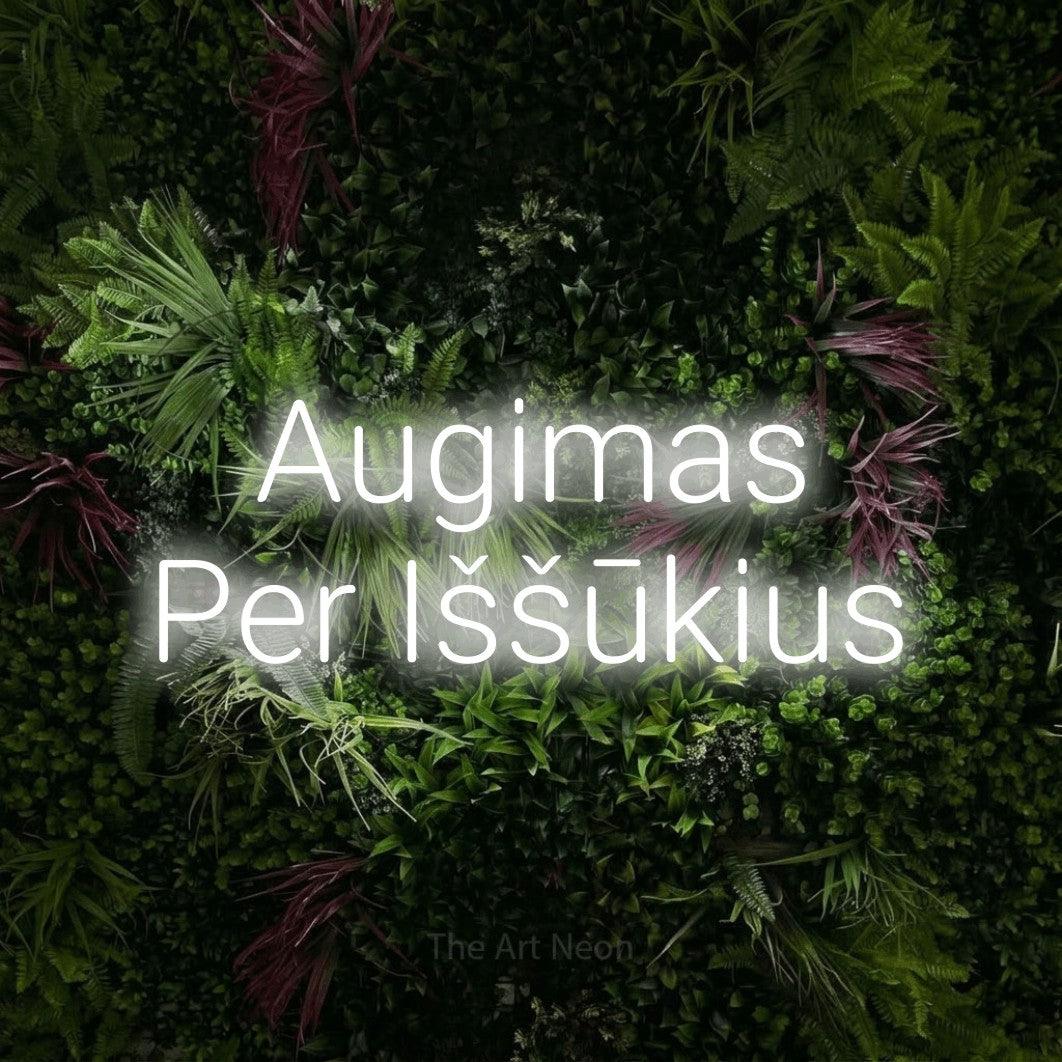 LED neon sign reading “Augimas Per Iššūkius”, arranged in two lines.