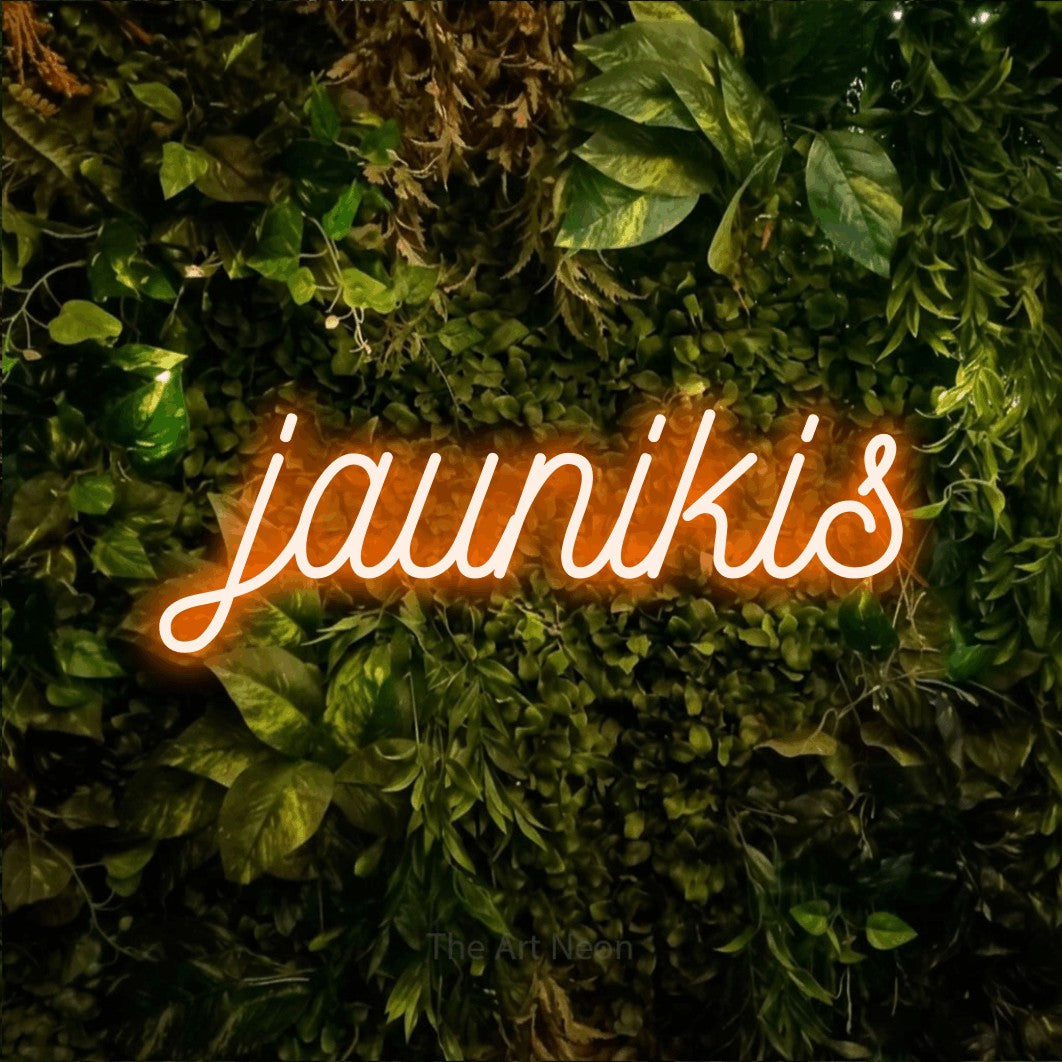 LED neon sign reading “jaunikis”, arranged in a single line.