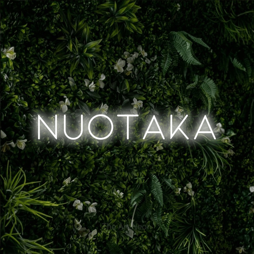 LED neon sign reading “NUOTAKA”, arranged in a single line.