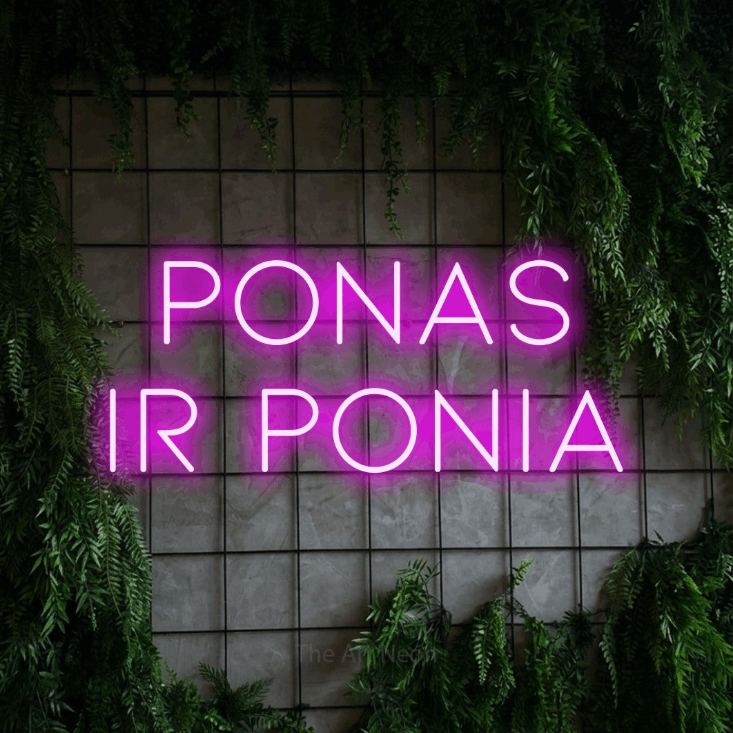 LED neon sign reading “Ponas Ir Ponia”, arranged in two lines.