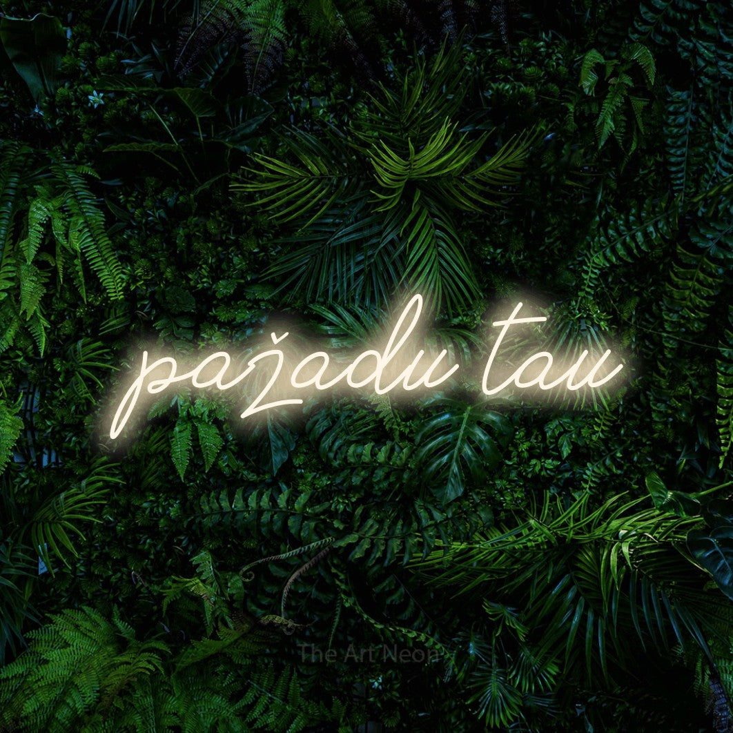 LED neon sign reading “pažadu tau”, arranged in a single line.