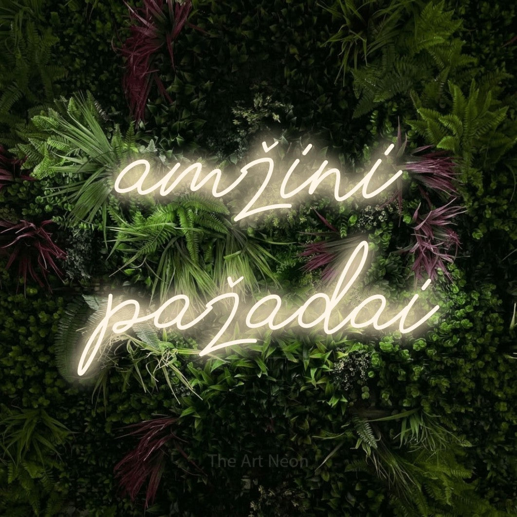 LED neon sign reading “amžini pažadai”, arranged in two lines.