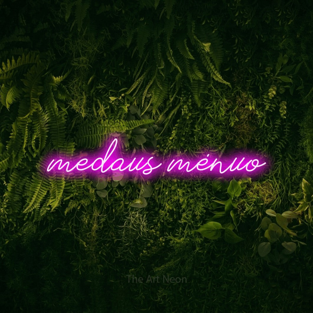LED neon sign reading “medaus mėnuo”, arranged in a single line.