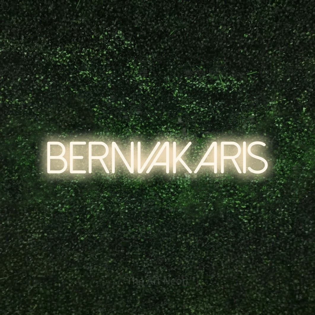 LED neon sign reading “BERNVAKARIS”, arranged in a single line.
